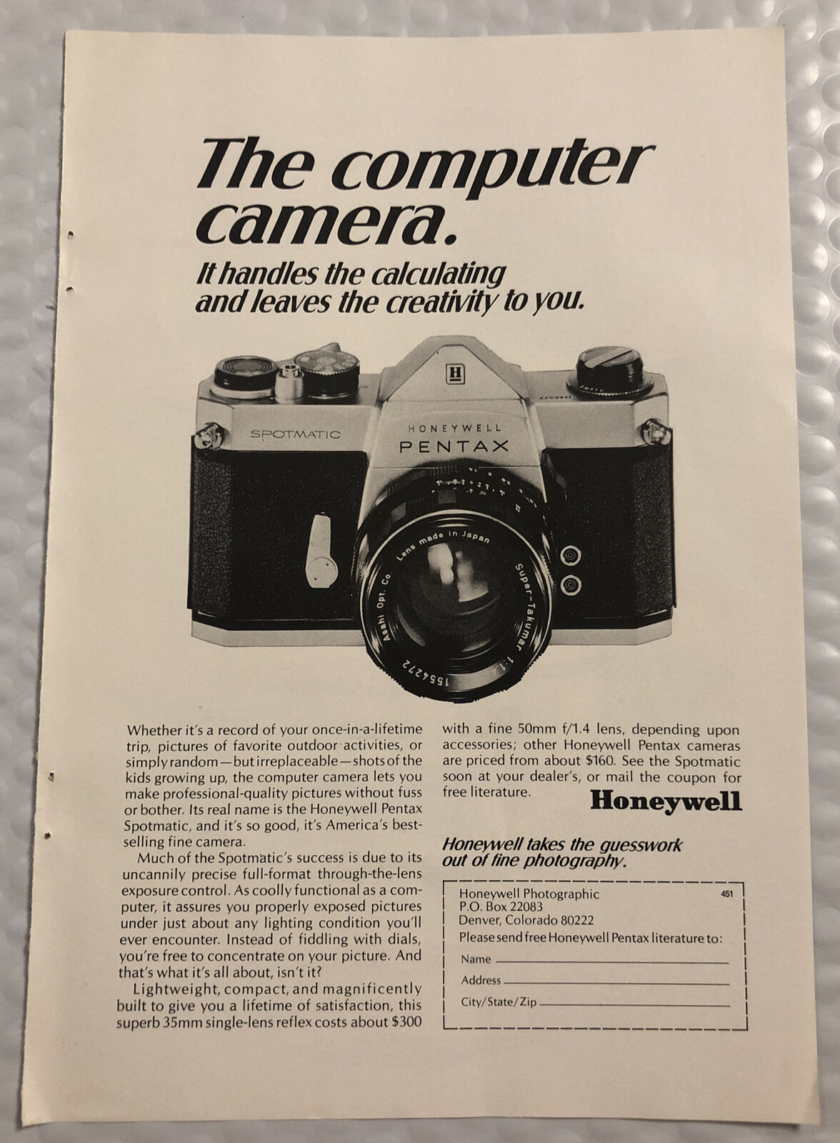 Vintage 1969 Honeywell Pentax Original Full Page Print Ad - The Computer Camera