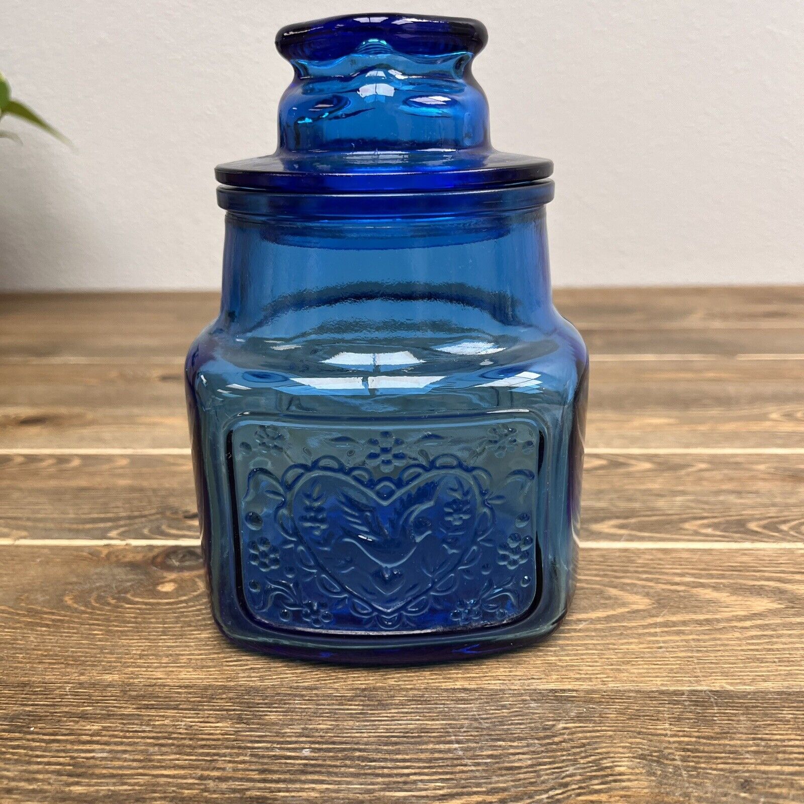 NJ Pressed Glass Pisces Blue Medicine Jar Canister Container Lid Wheaton Vintage