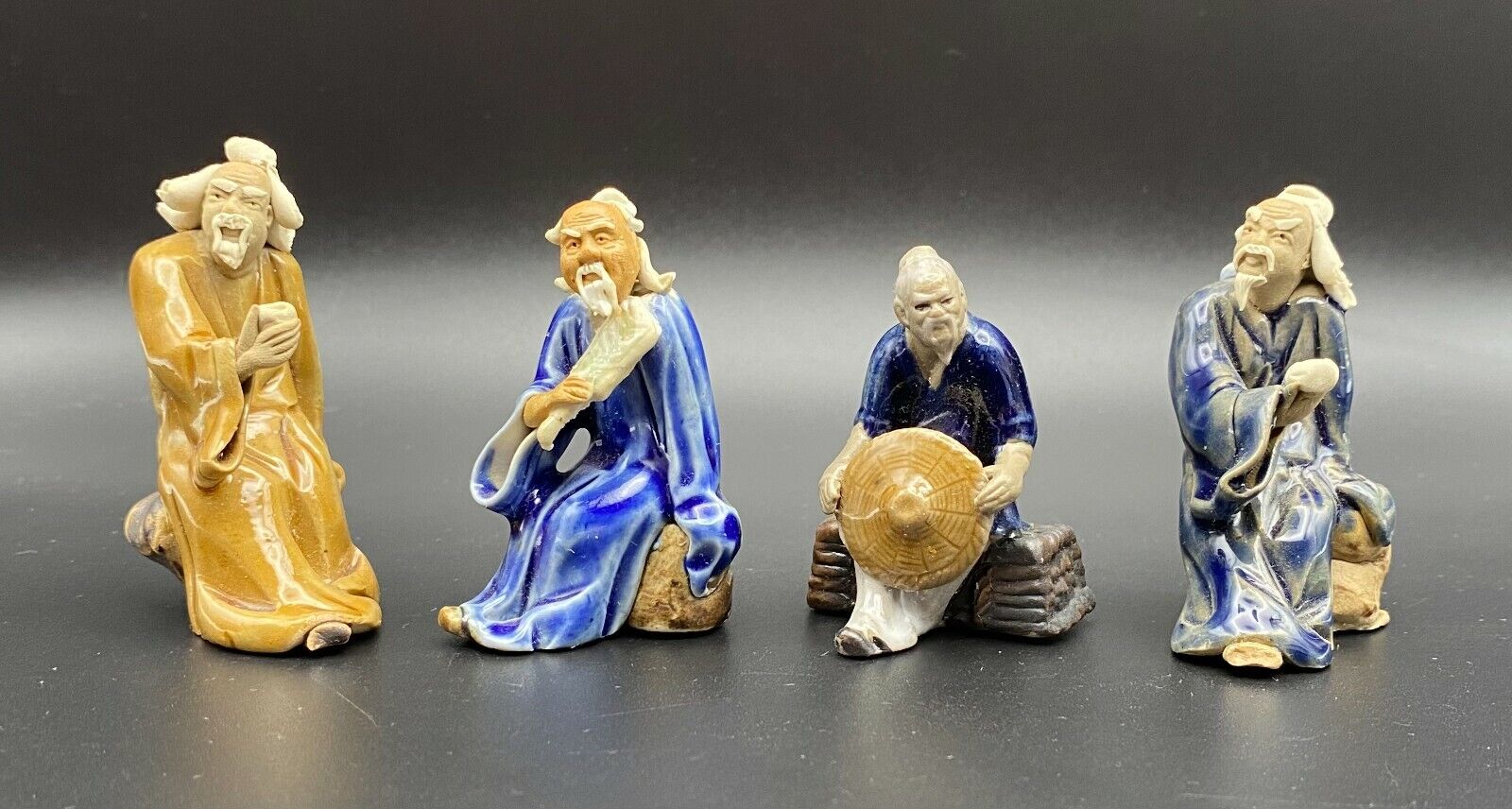 Vintage Mud Man Glazed Painted Ceramic Asian Old Wise Men Figurine Beard Lot 4
