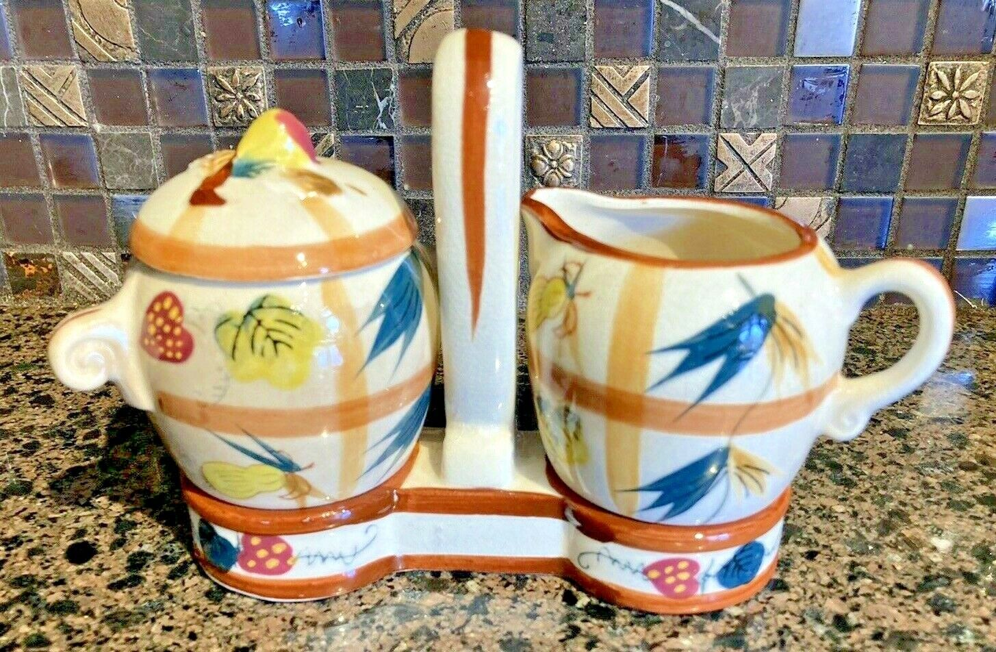 Vintage Sugar & Creamer Set With Carrier 1950s Hand Painted NASCO Japan