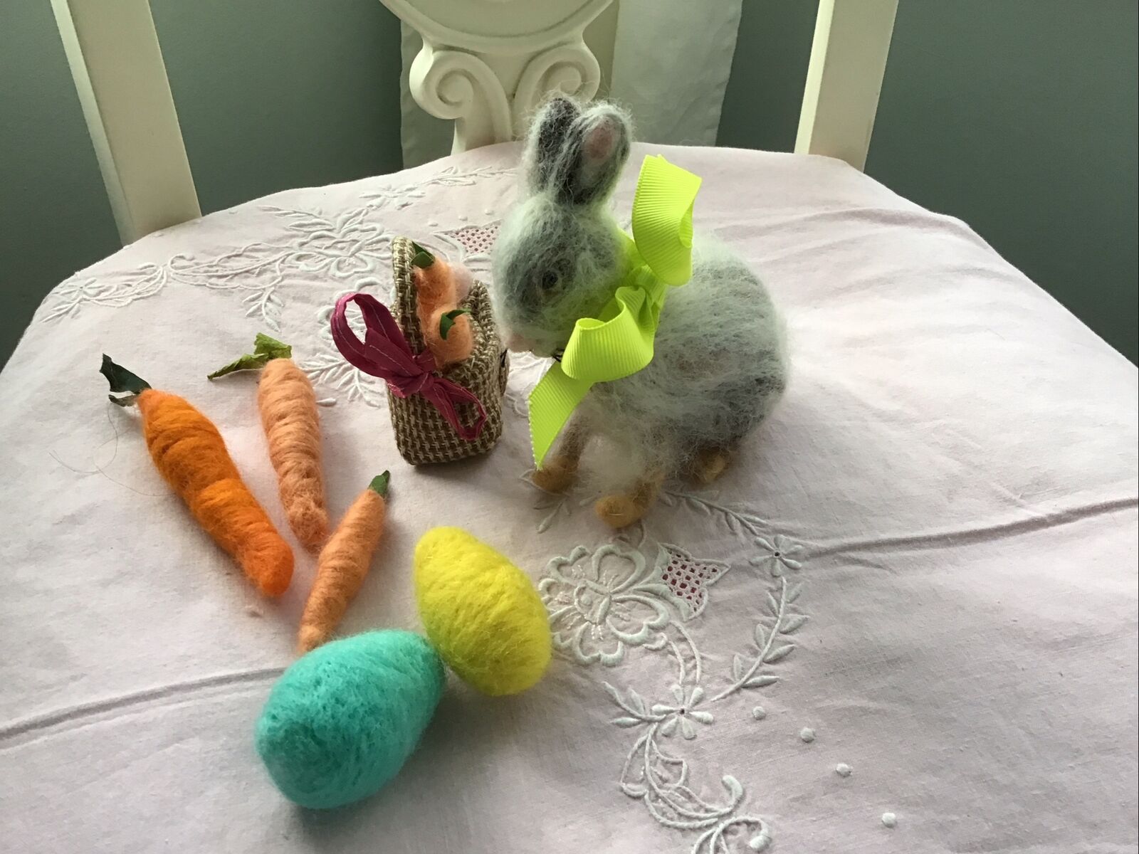 Felted Easter Bunny with carrots and eggs, basket Too Hand Crafted