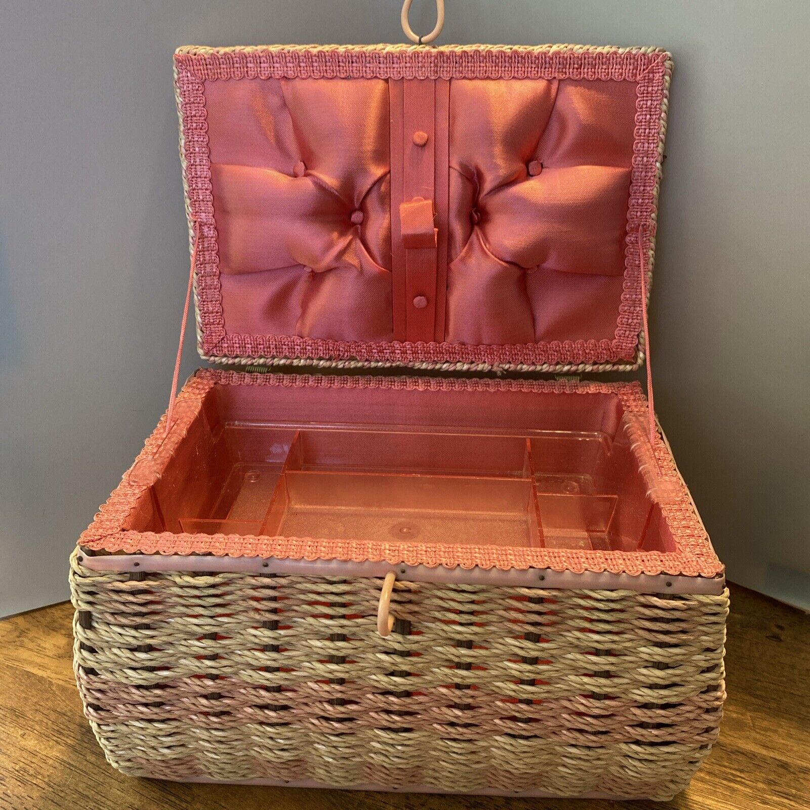 Vintage Japan PINK Wicker Sewing Basket With Pincushion Top - Tray - Handle