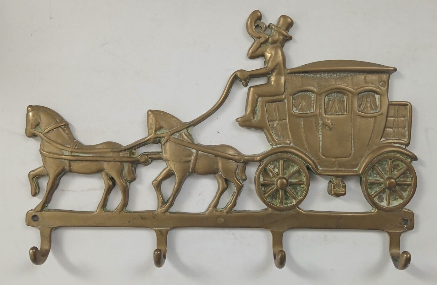 Vintage Solid Brass Horse & Carriage 4 Hook Wall Hanging Key Holder
