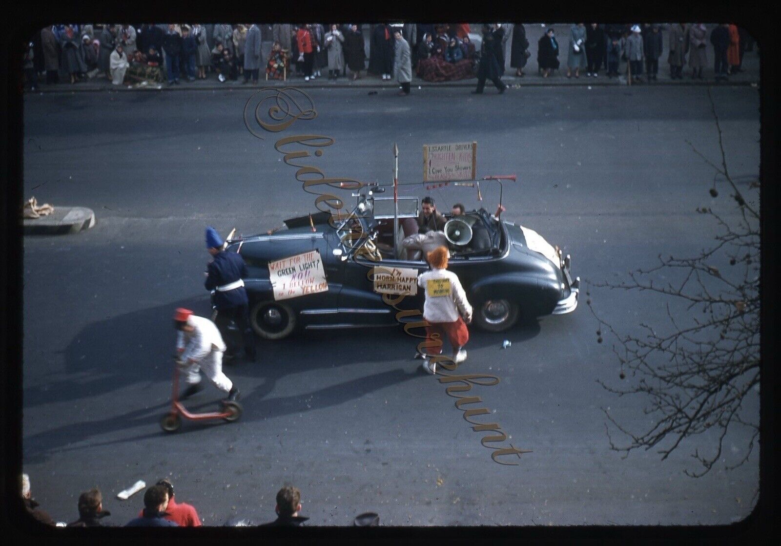 Clown Car Parade Honking Horn Funny 35mm Slide 1950s Red Border Kodachrome