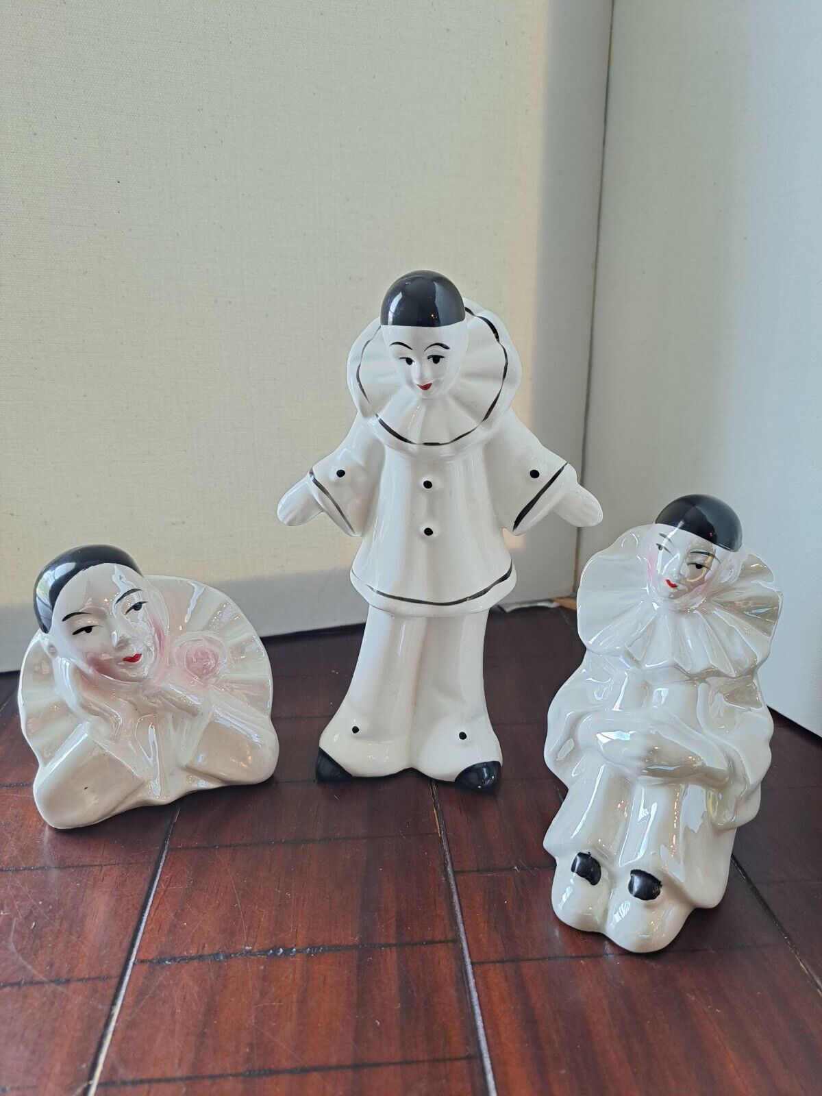 Vintage Porcelain Pierrot French Clown Figurines Set 3 