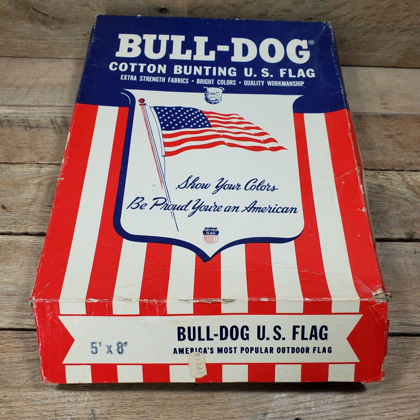 VTG Bull Dog Cotton Bunting U.S. Flag 5' x 8' W/ Paper & Box Flew Over Capital