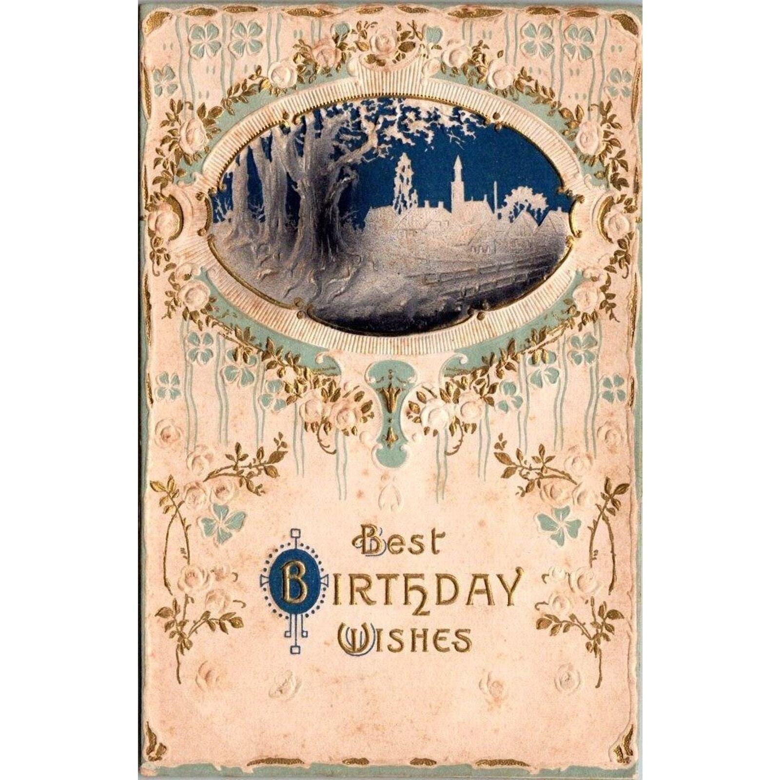Vintage Postcard Embossed Birthday Wishes with House, Flowers Tree Postmark 1914