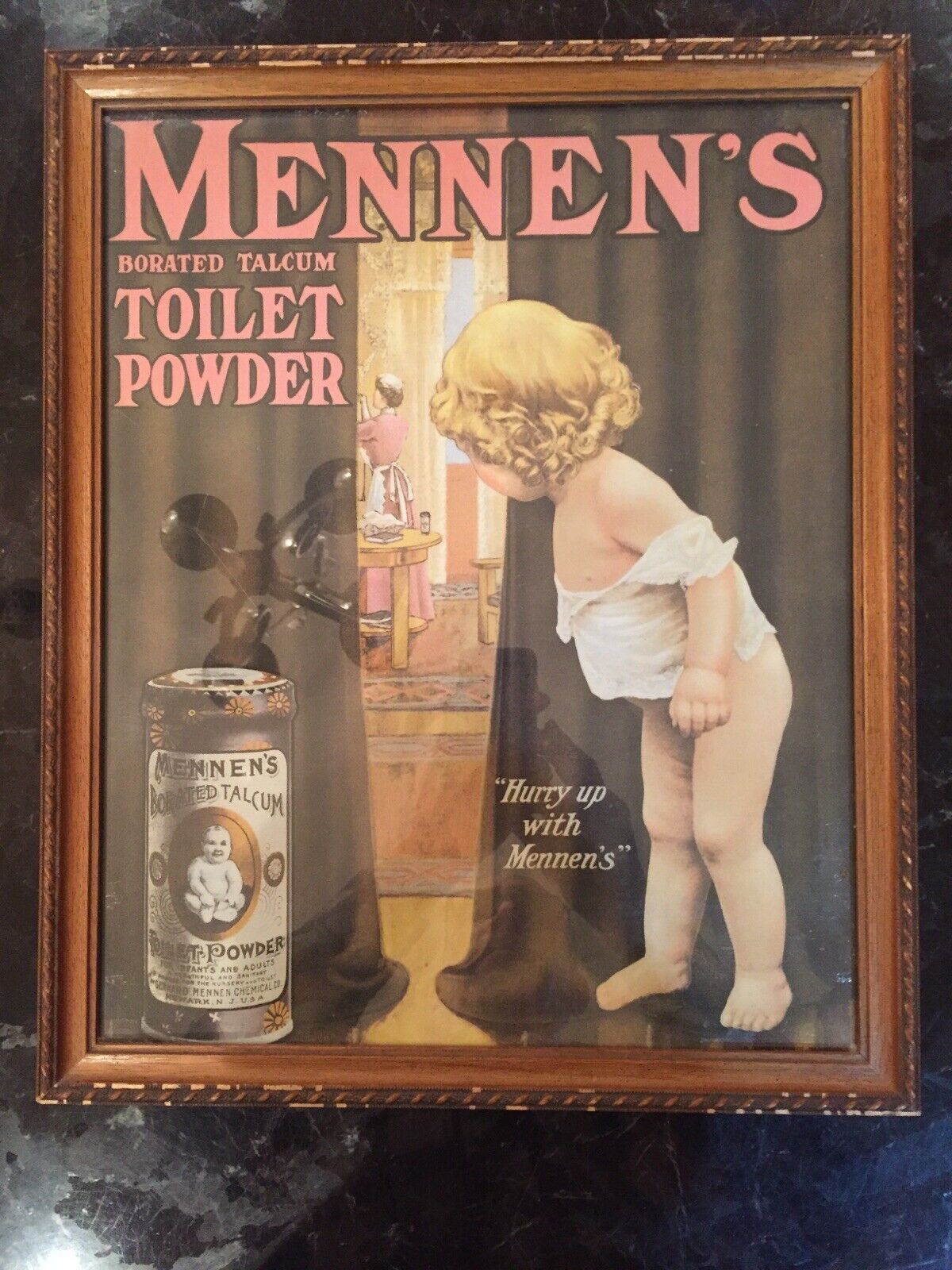 MENNEN’S BORATED TOILET POWDER FRAMED ADVERTISING 15 X 18 INCHES