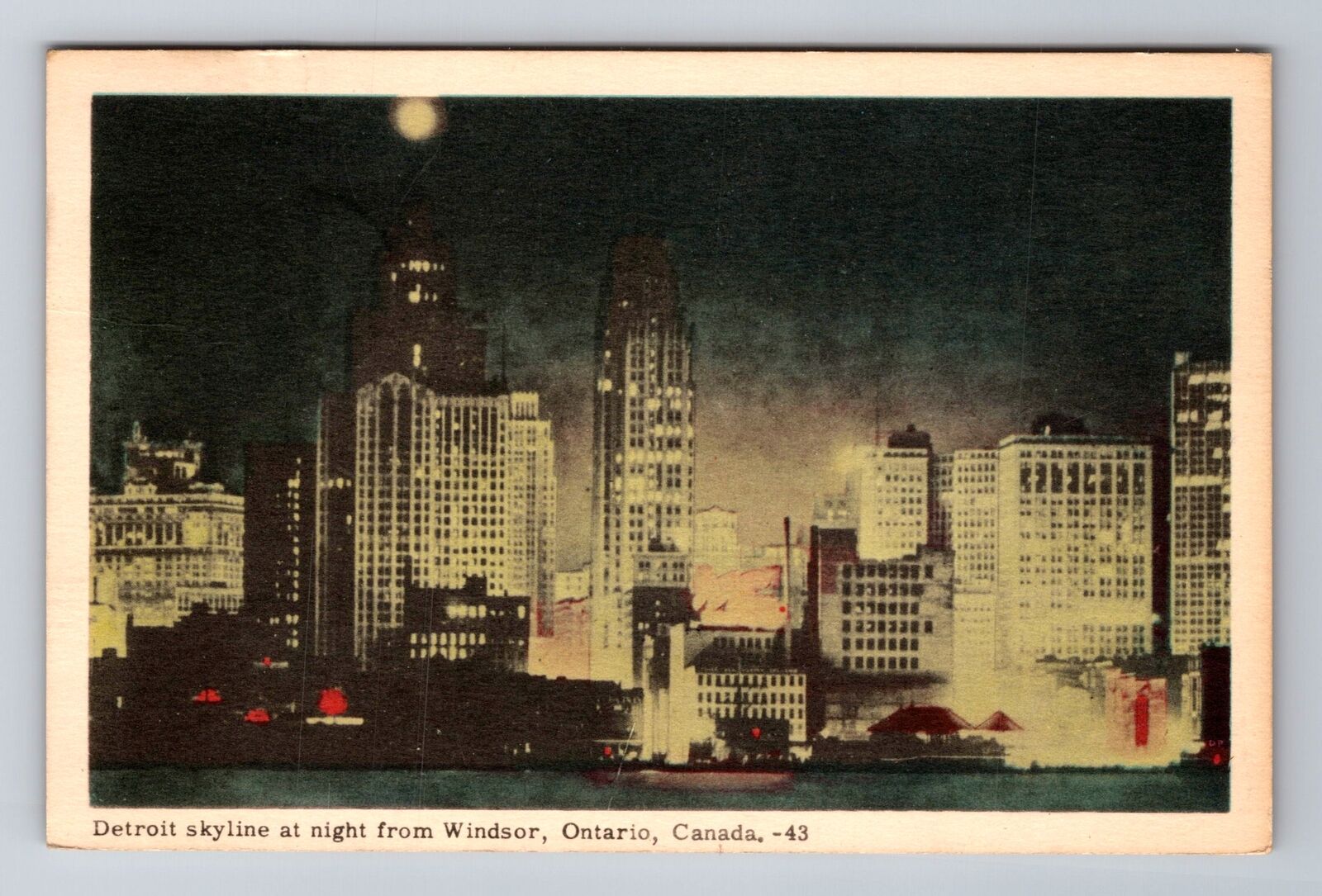Windsor ON-Ontario Canada, Detroit Skyline At Night, Antique Vintage Postcard