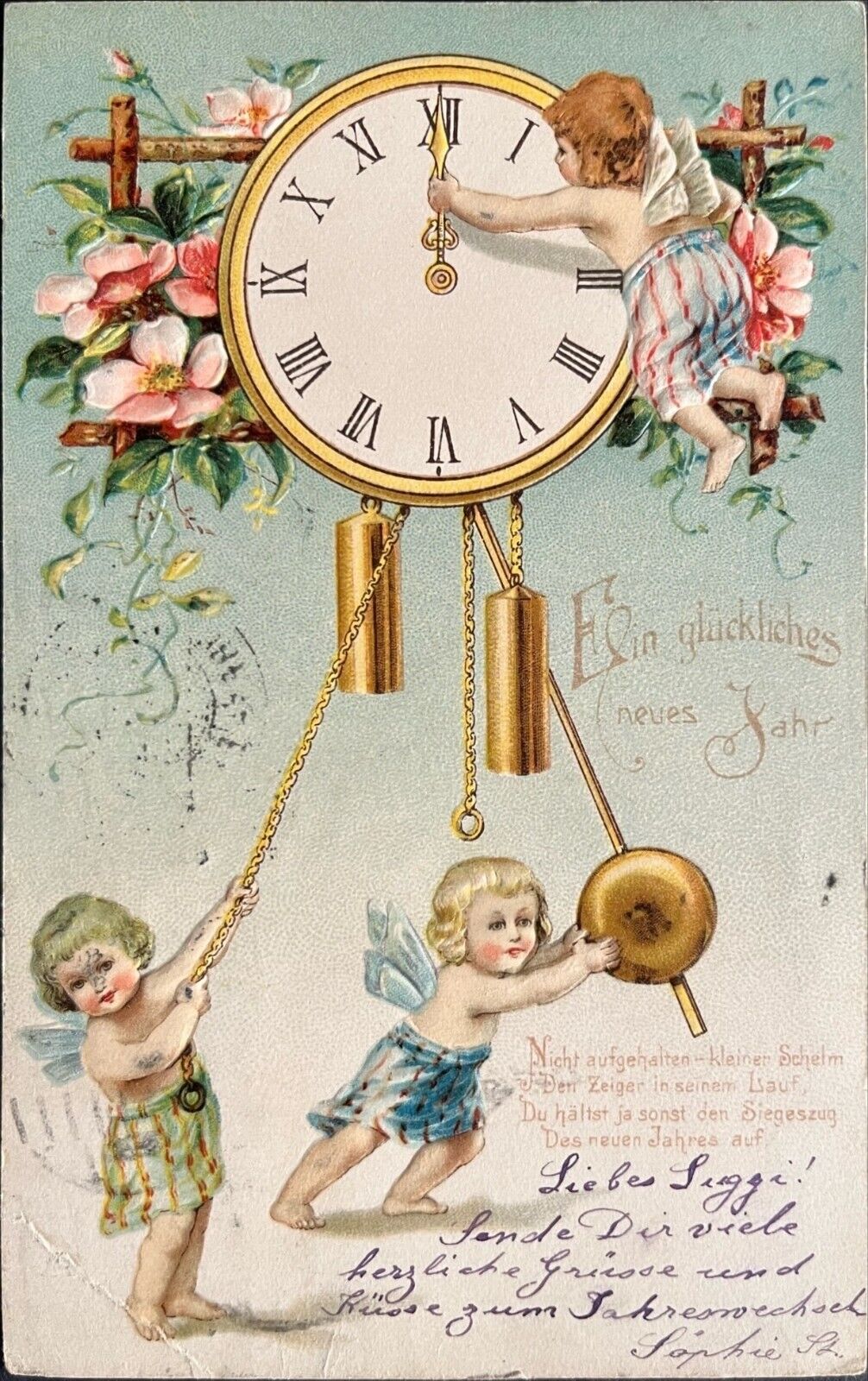 Embossed Undivided back 1903 New Years PC cherubs turning clock to midnight