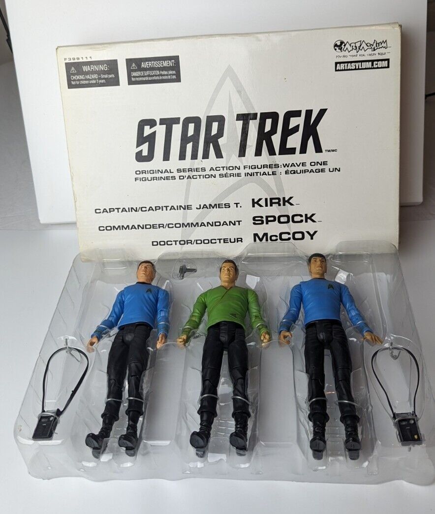 Star Trek Full Set Action Figures Kirk Spock McCoy 2003 Art Asylum Accessories 