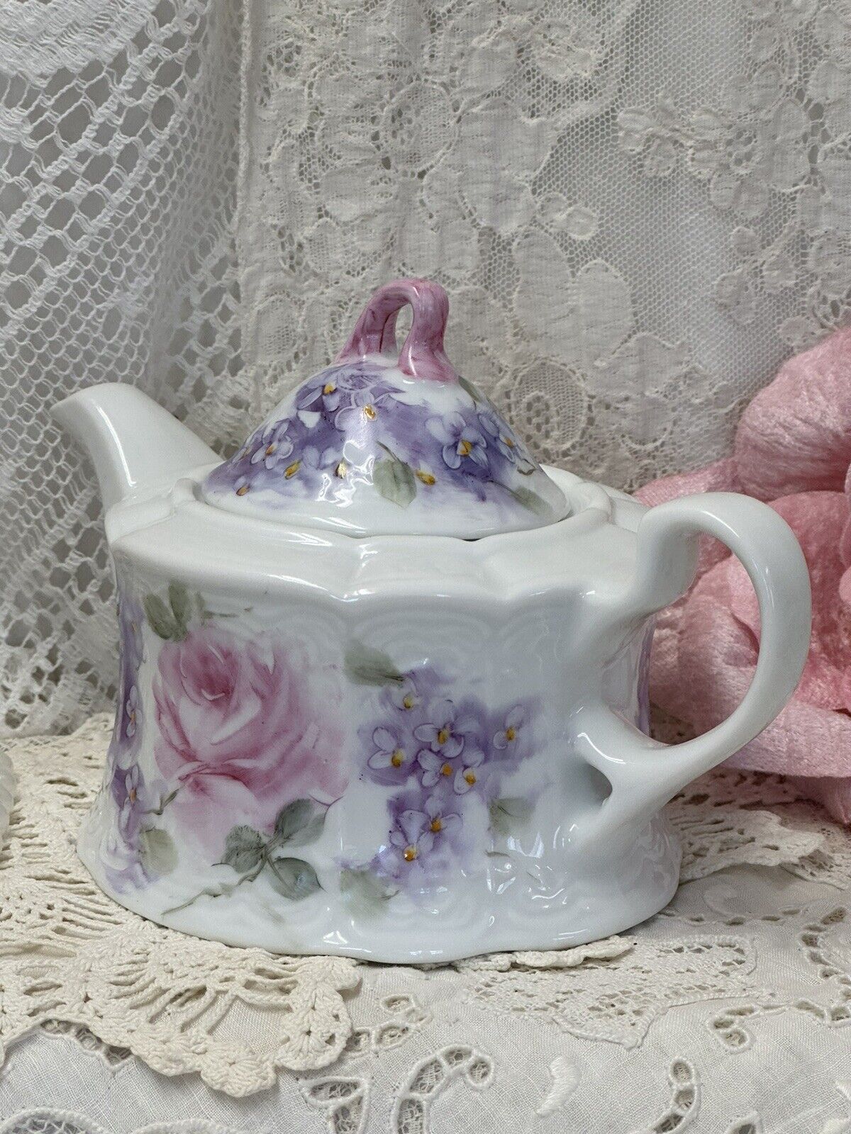 Porcelain Handpainted Small Single Teapot Roses And Violets