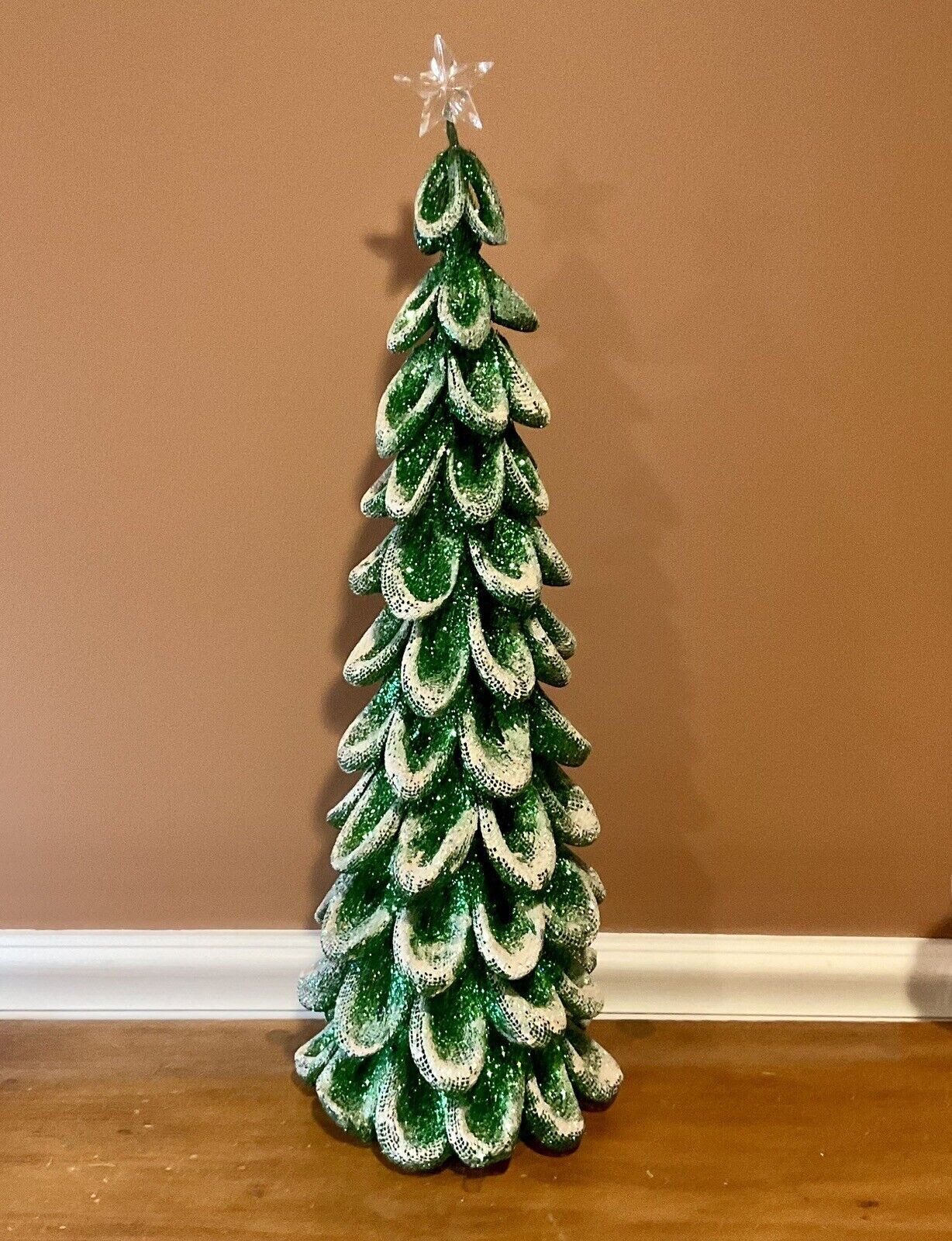Green Glitter Metal Mesh Christmas Tree With Clear Star Hollow Base 24” Tall VTG
