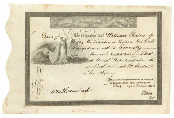 Stock signed by Nicholas Biddle - Autograph Stock - Bank of the United States of