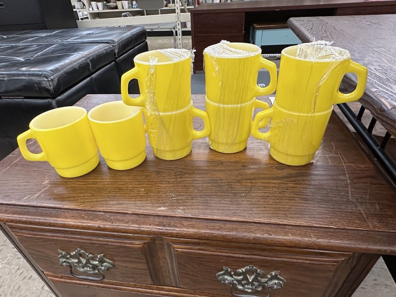 8 Vintage Anchor Hocking Yellow Stackable Mug Coffee Cup Milk Glass