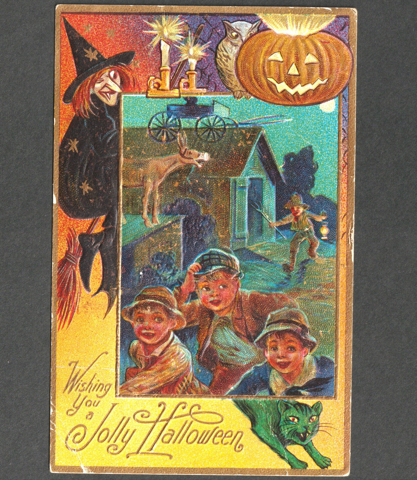 Witch Wishing You a Jolly Halloween Prank Green Cat Roof Owl Boy Nash 4 PostCard