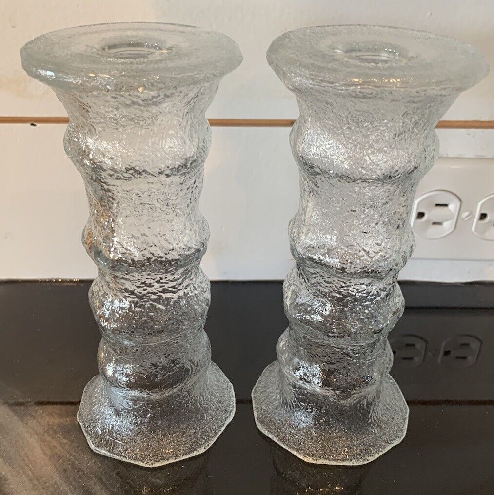Vintage EO Brody Ice Crinkle Texture Clear Candlestick Flip to Vase Set of 2 EUC