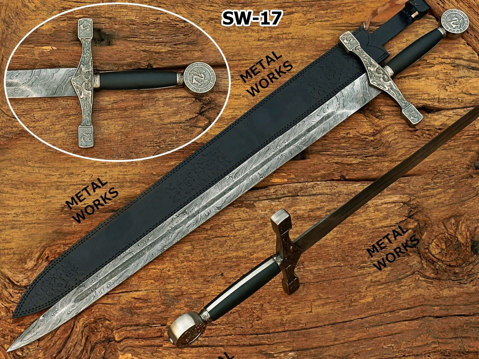 Handmade Damascus Steel Excalibur Sword/King Arthur sword With Leather Cover.