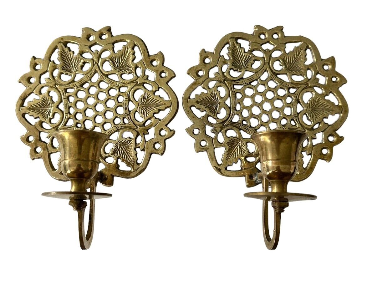 Vintage Pair (Set of 2) Ornate Brass Wall Sconces Taper Candle Holders 7” X 5”