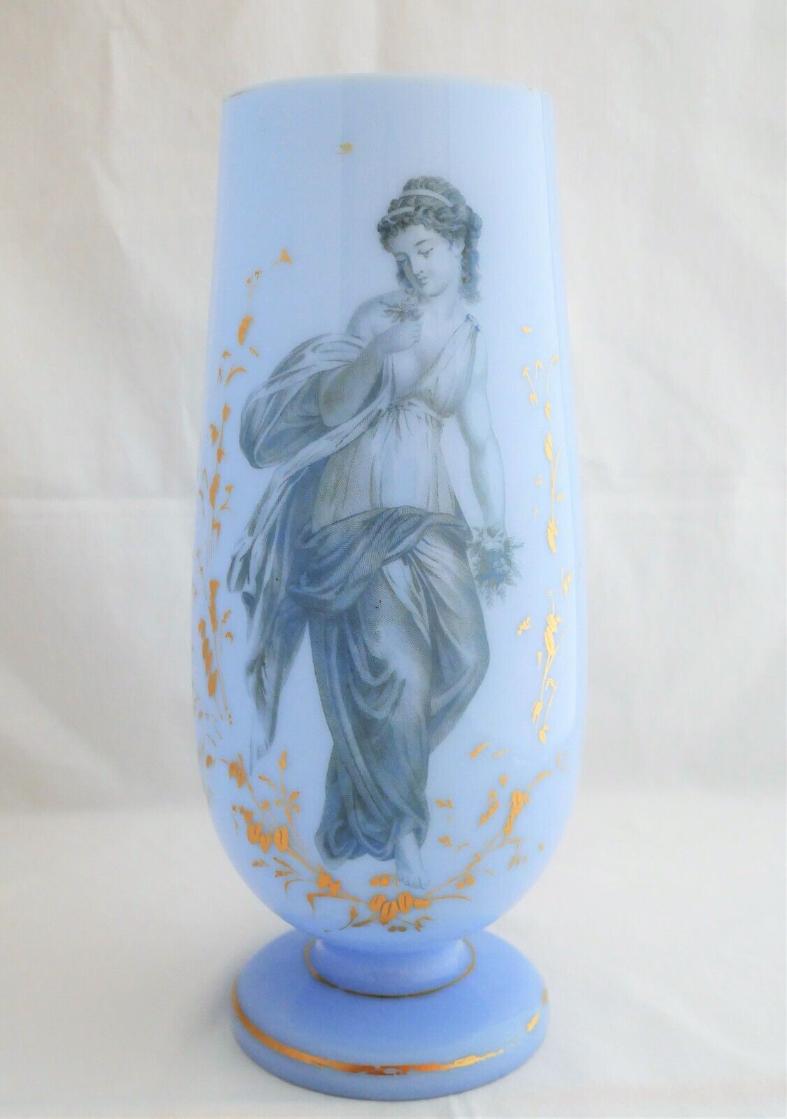 Antique Bohemian Hand Blown Blue Glass Large VASE with Mythological Woman 