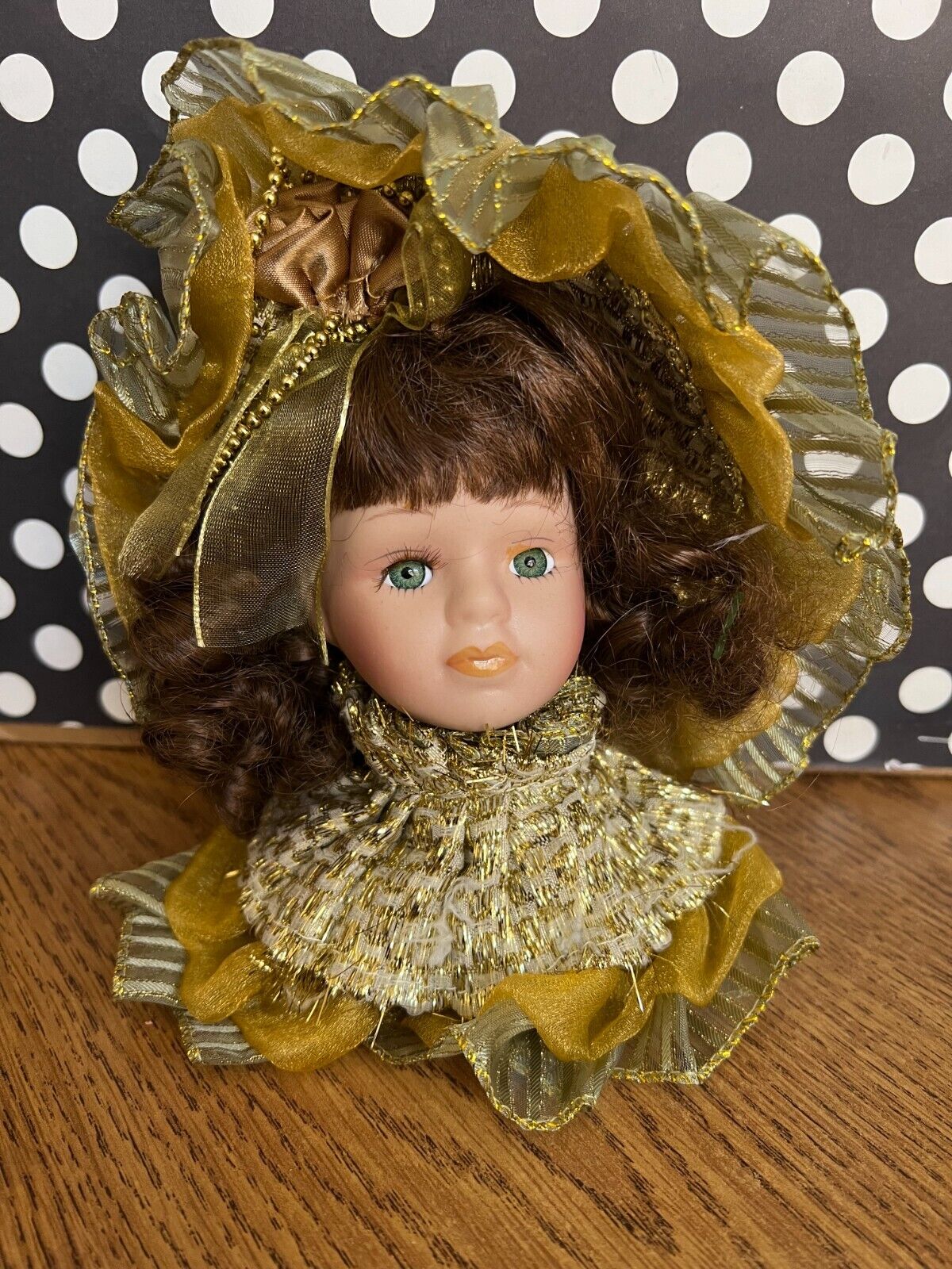 Vintage MTY Intn\'l Porcelain Victorian Doll Head Ornament Green Eyes Brown Hair