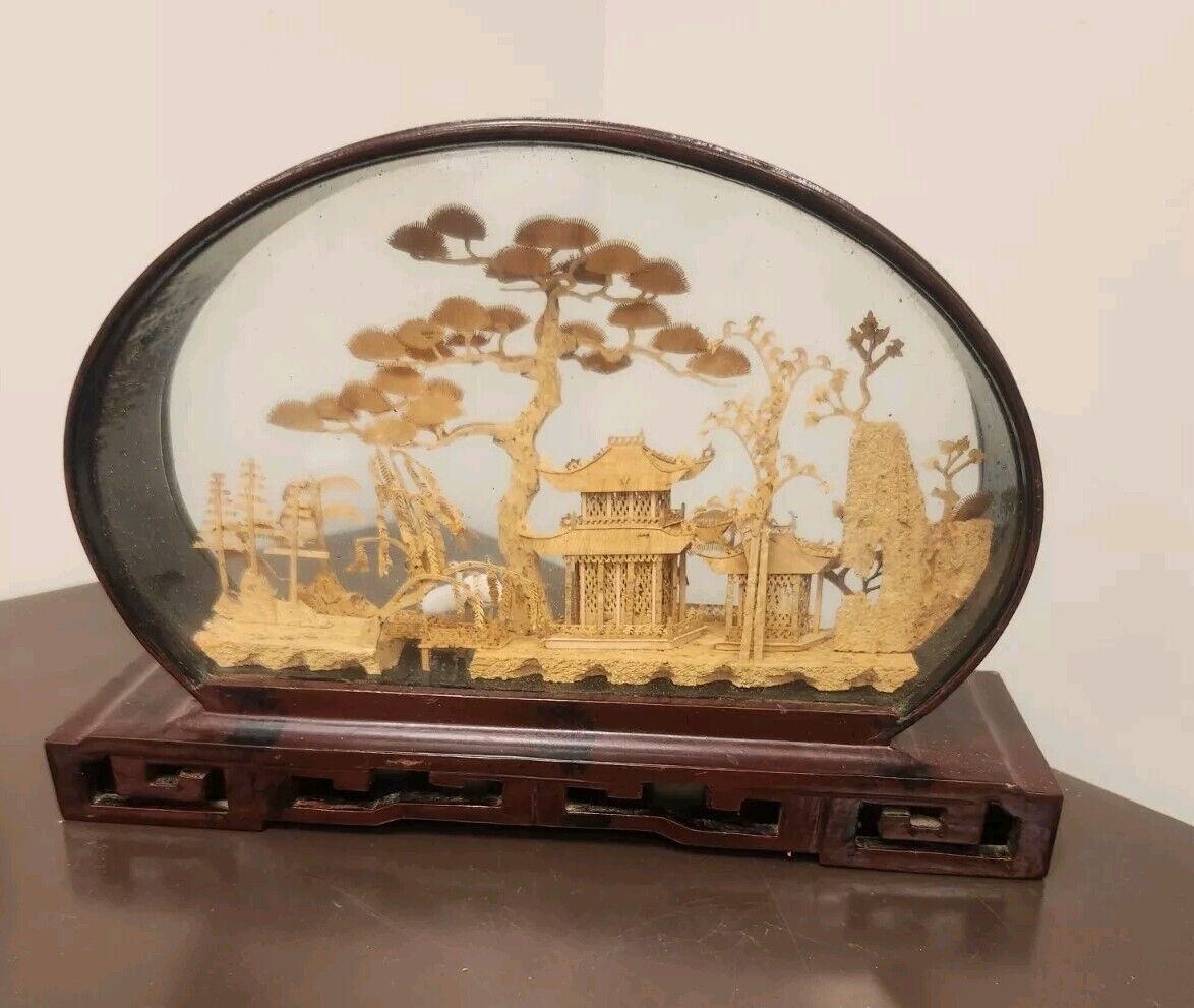 Vintage Chinese Cork Diorama with Pagoda, Intricate Carved Natural Scene. PO