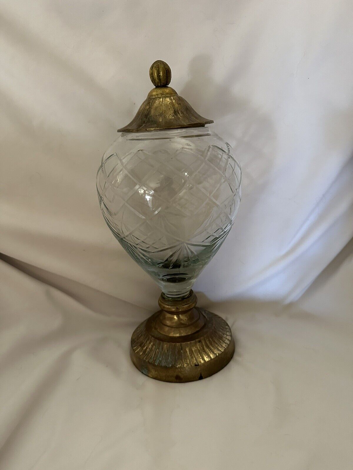 Baccarat Style Brass Lidded Crystal Jar Brass Base. 12” Vintage Decorative Craft