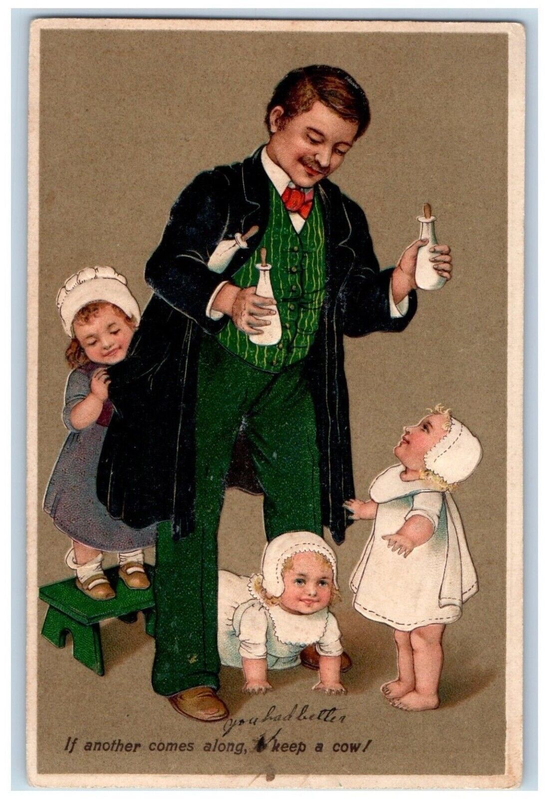 1909 Father Holding Milk Bottle Babies Toddler Embossed Grand Island NE Postcard