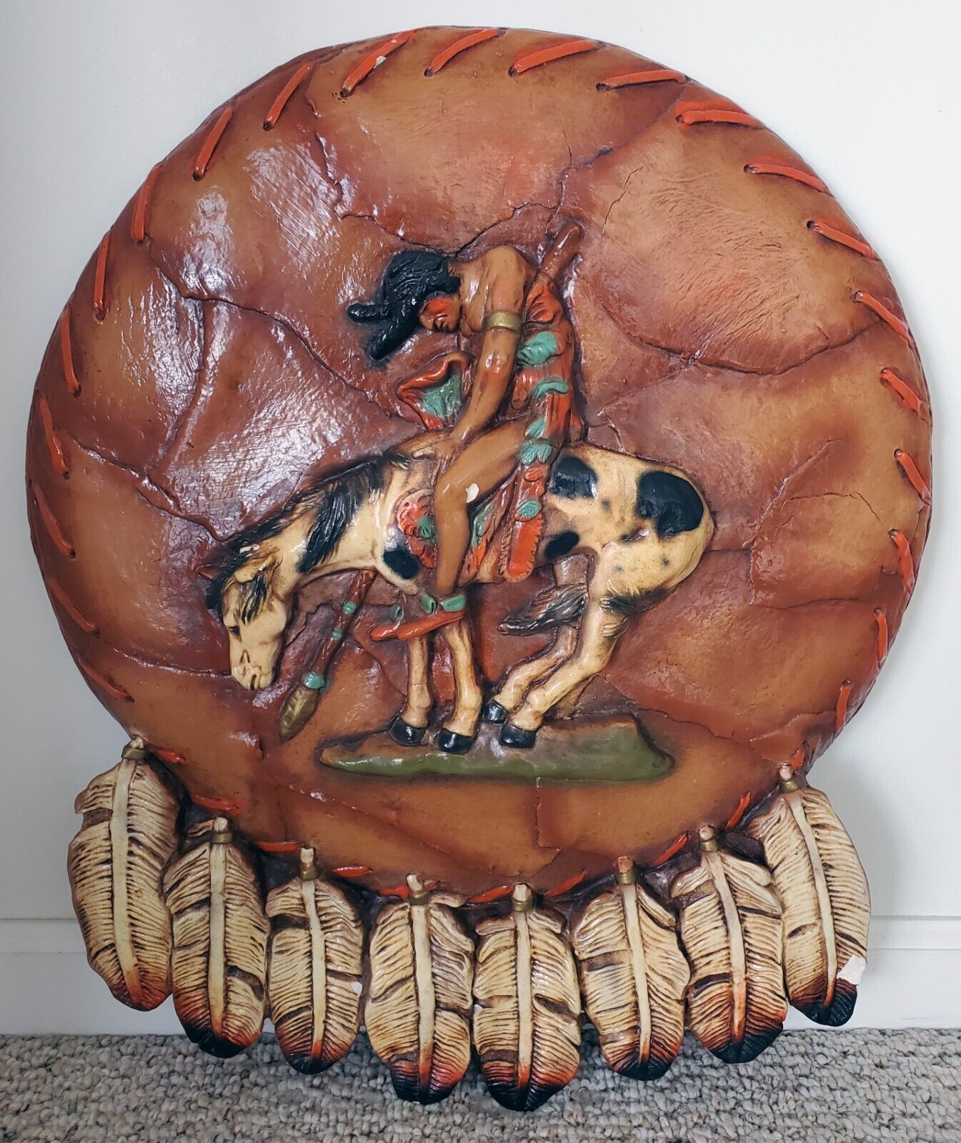 Vintage Native American Indian on Horse Ceramic Wall Plaque Art, 24.5