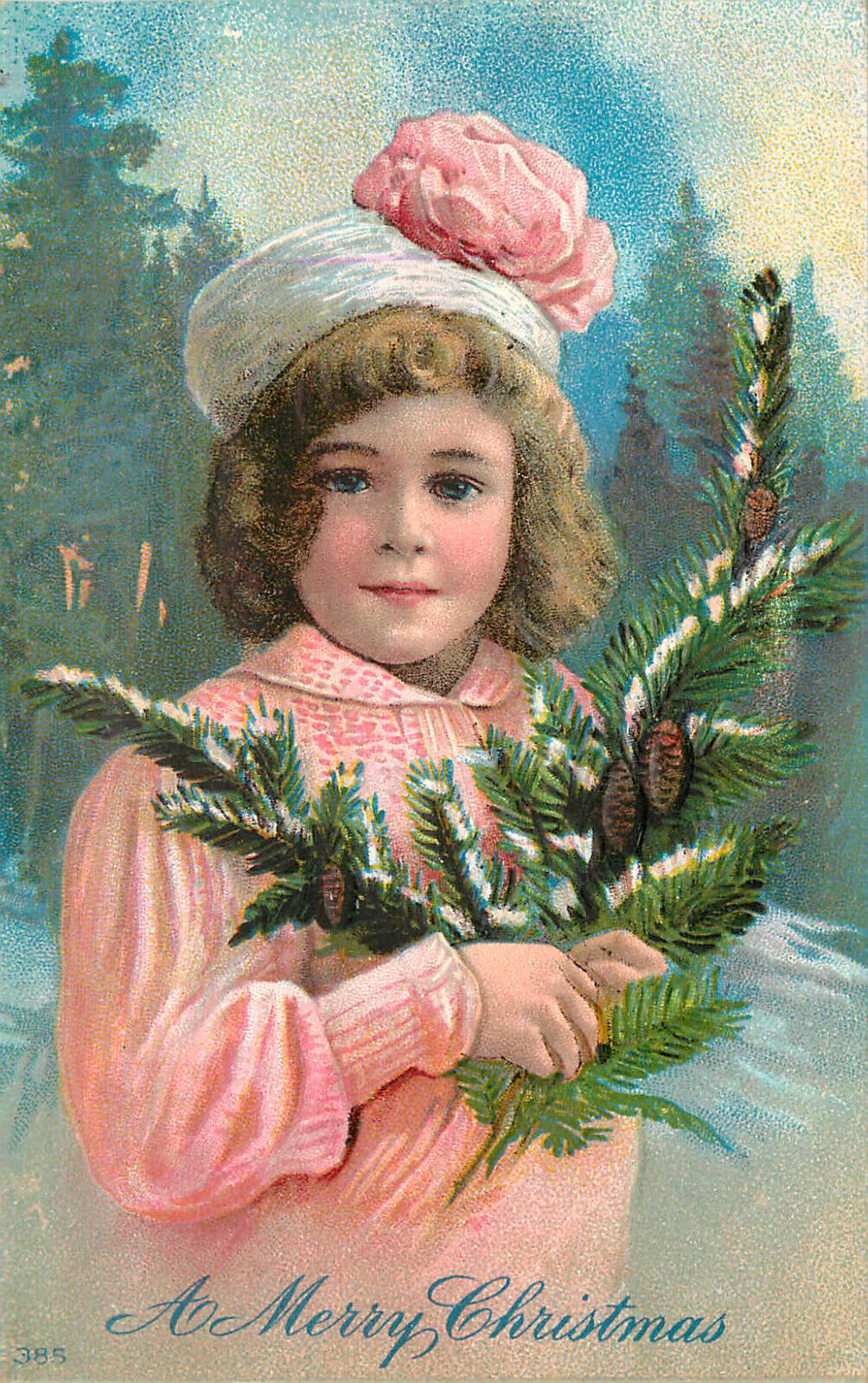 Embossed Christmas Postcard Pretty Little Girl in Pink with Fir Branch 385