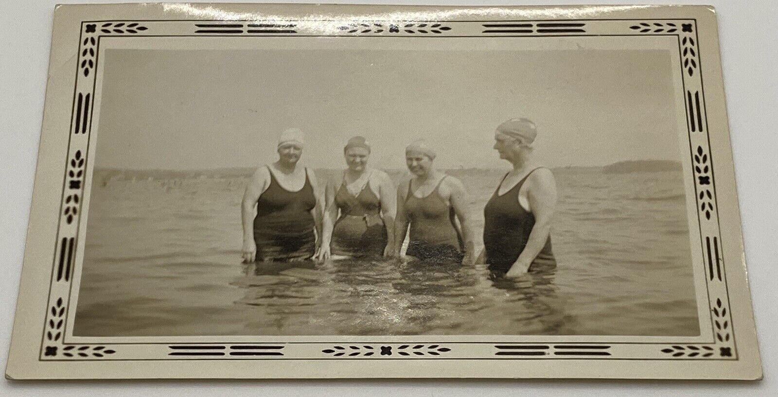 Vintage Photo Black White 4 Old Ladies In Bathing Suits In The Ocean