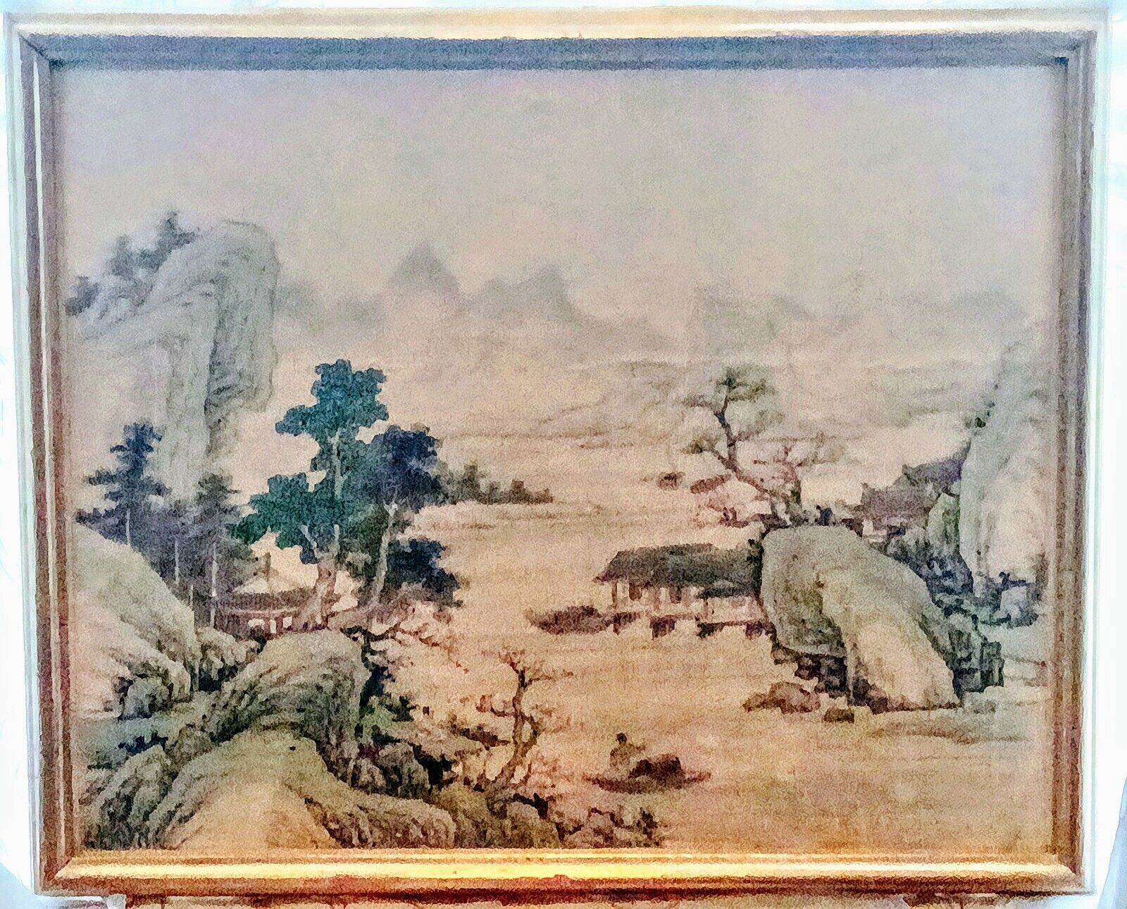 Beautiful Framed Asian Watercolor and Ink on SILK Fabric- Vintage