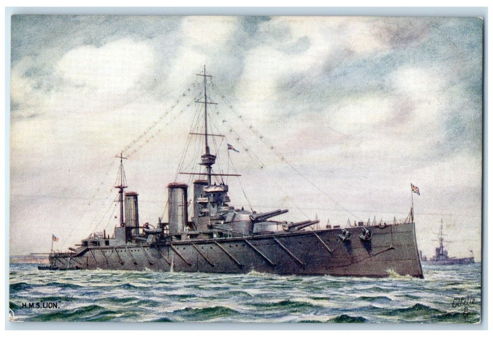 c1910 H. M. S. Lion Battle Cruiser Steamer Ship Raphael Tuck & Sons Postcard