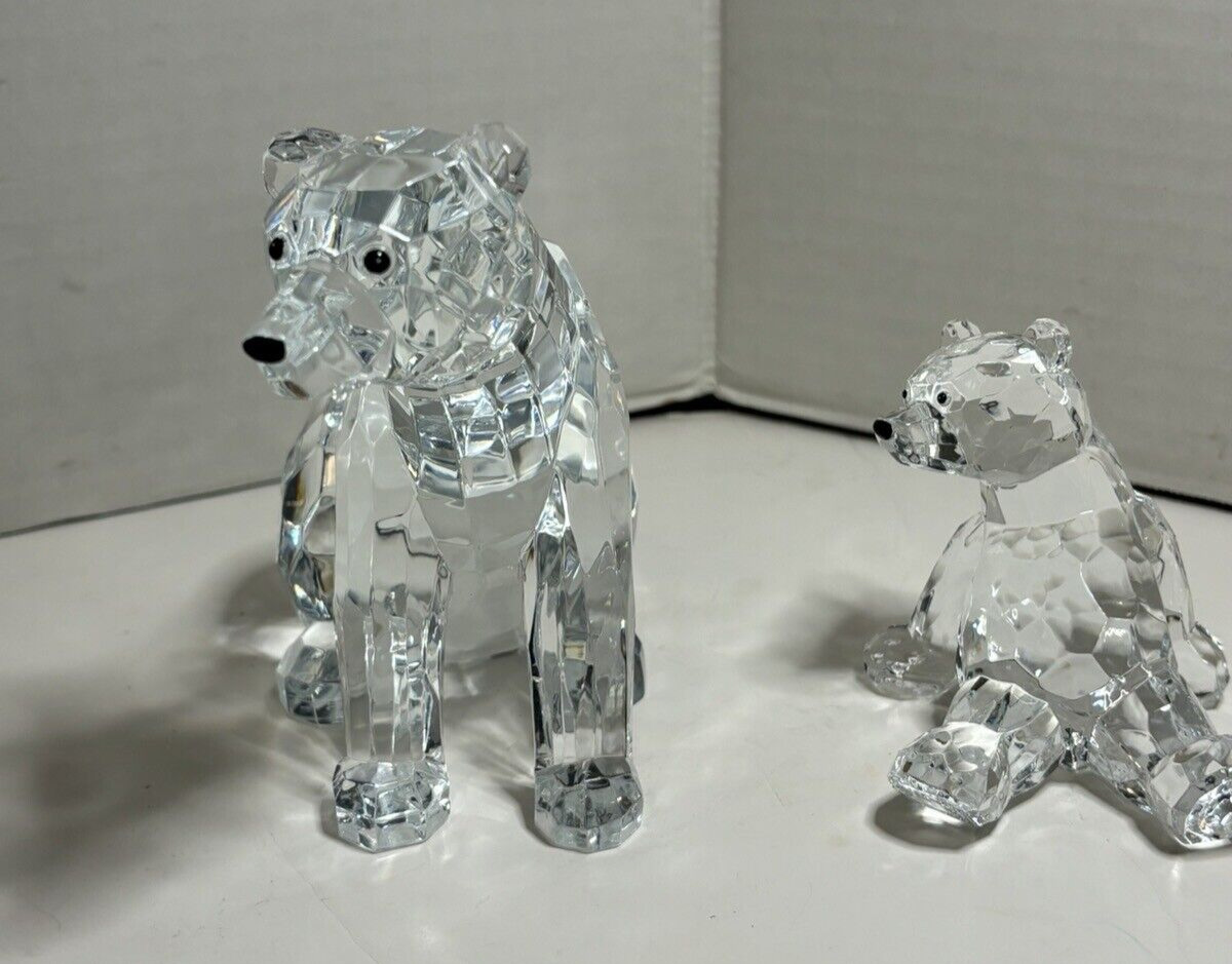 2 Acrylic Polar Bear Mother & Baby Figurine Valentines Faceted Clear Signed TC