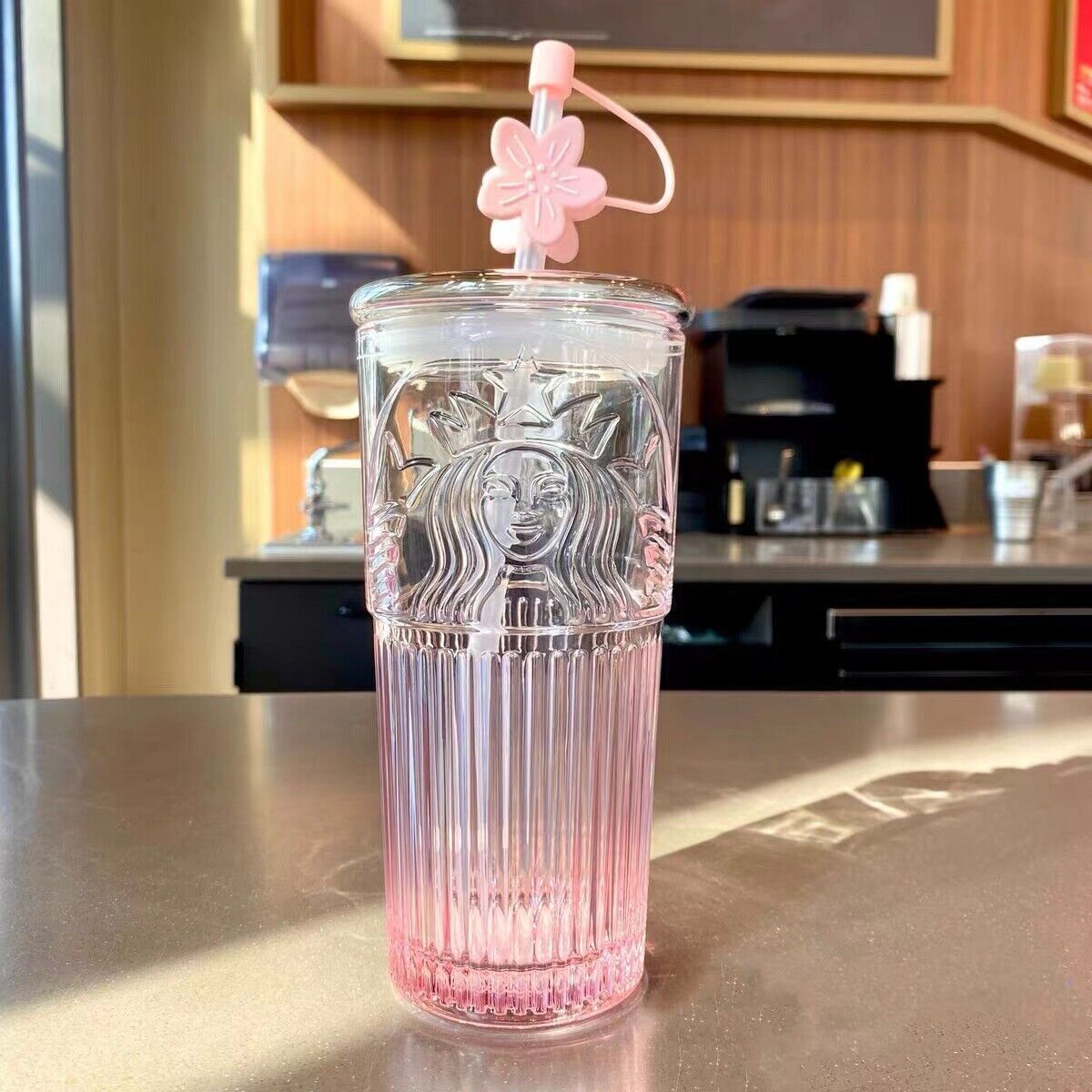 New Starbucks Glass Cup Gradient Sakura Tumbler w/Cherry blossom Topper