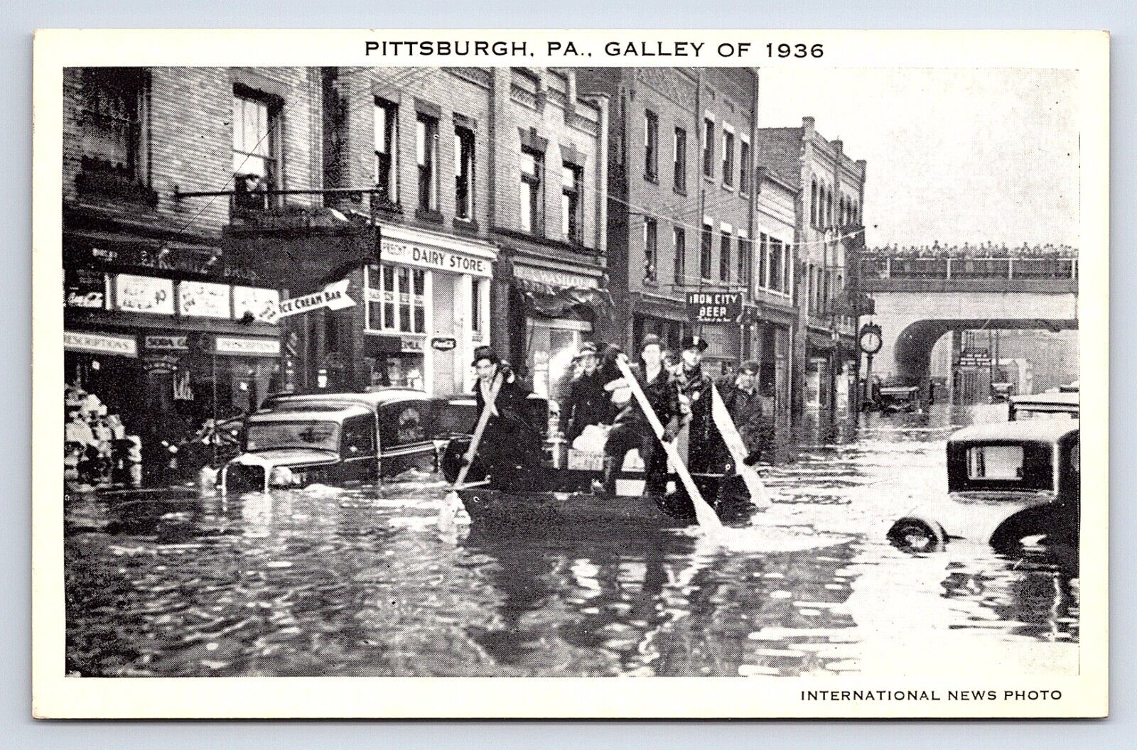 Postcard Pittsburgh PA 1936 Flood Water Galley Iron City Beer Ice Cream Store