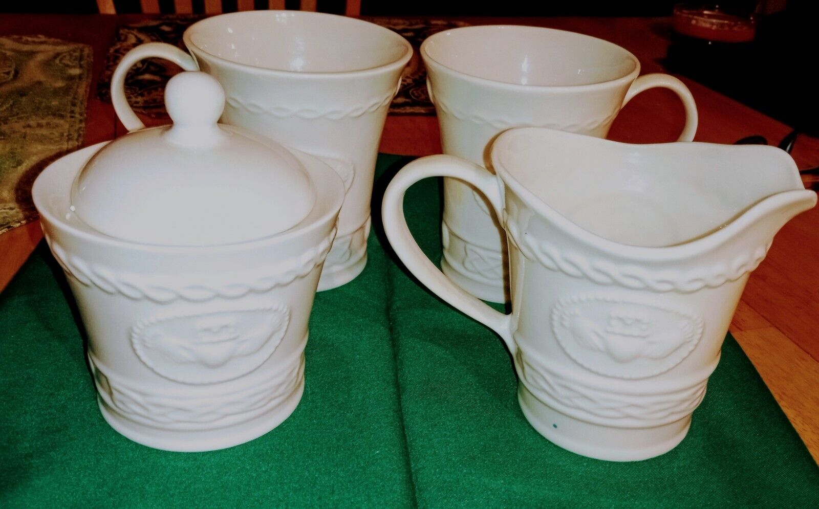 Tea for two/ Beleek Claddagh creamer, sugar bowl, & 2 cups.