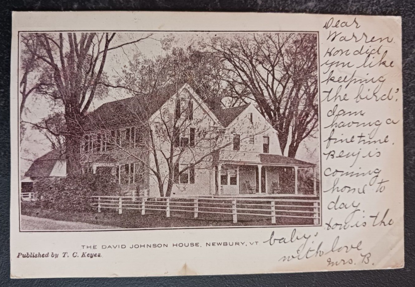 1907 postcard David Johnson House Newbury VT Vermont T.C. Keyes undivided