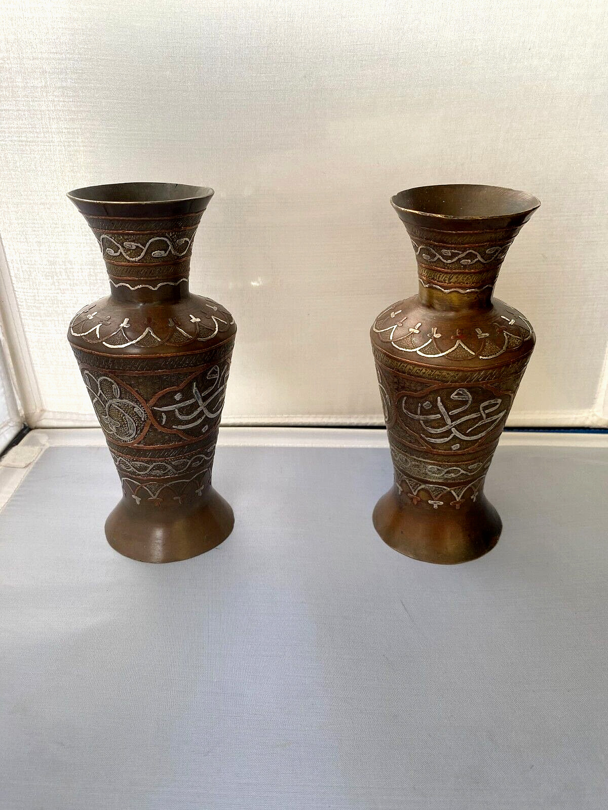 PAIR of Antique Islamic Syrian Multi Metal Inlay Decorative Vases 6.75\