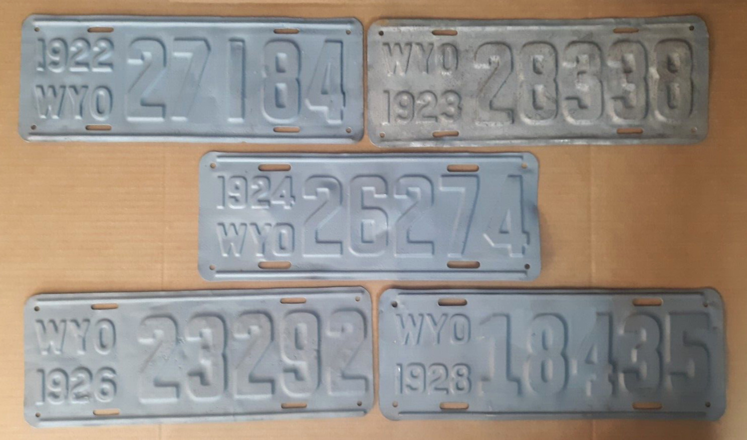 1922, 1923, 1924,1926 and 1928,  Wyoming License Plates  Ready for Restoration