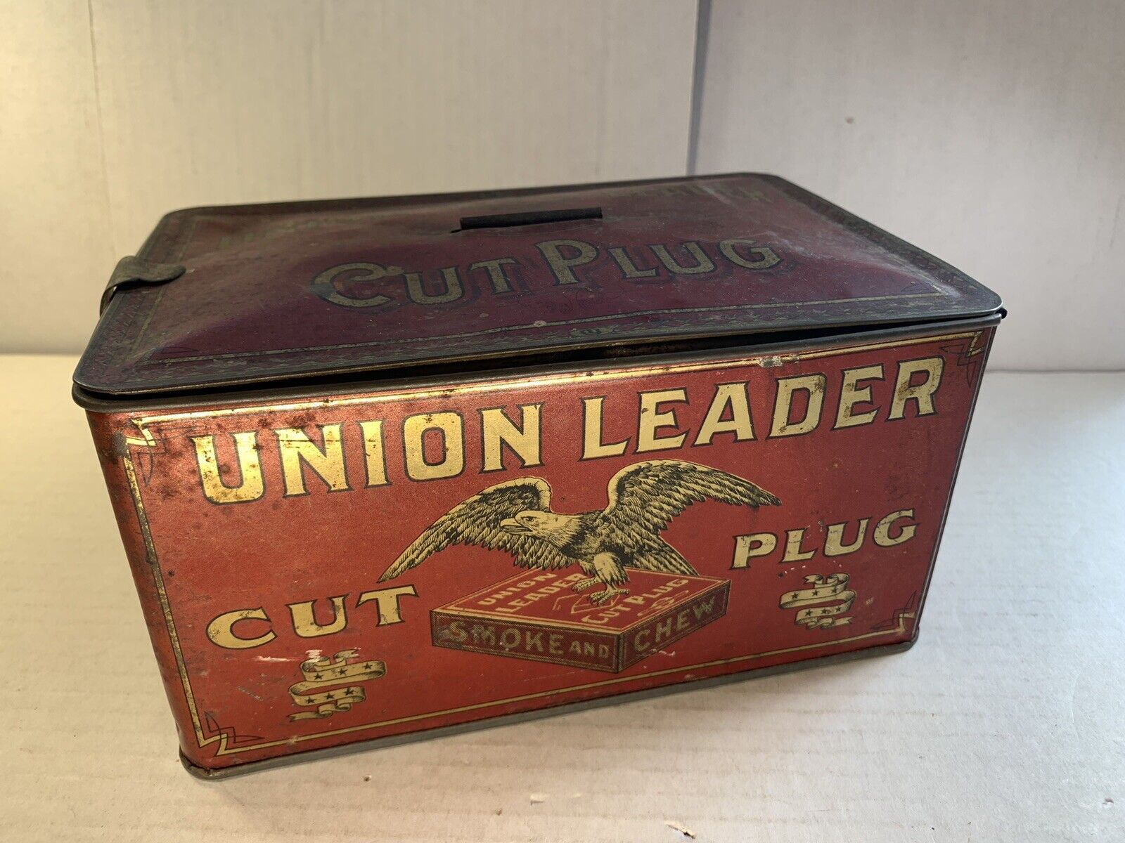 Vintage 1900s UNION LEADER Tobacco General Store Counter Advertising Display Tin