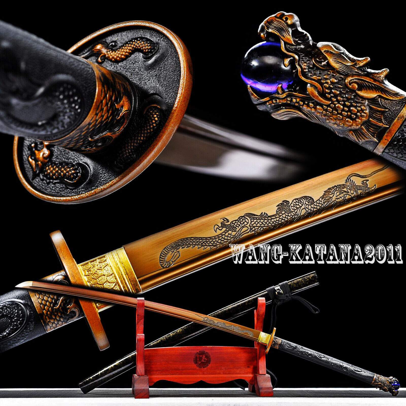 46'' Gold Dragon Longer Katana Battle Ready Japanese Samurai Functional Sword