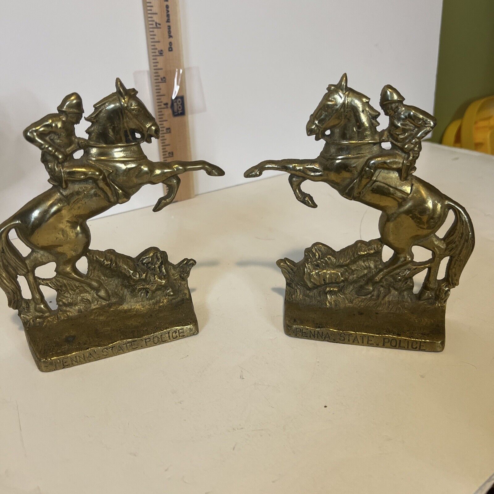 2 - Antique 1945 Pennsylvania State Police Horse Heavy Brass Bookends  Doorstops