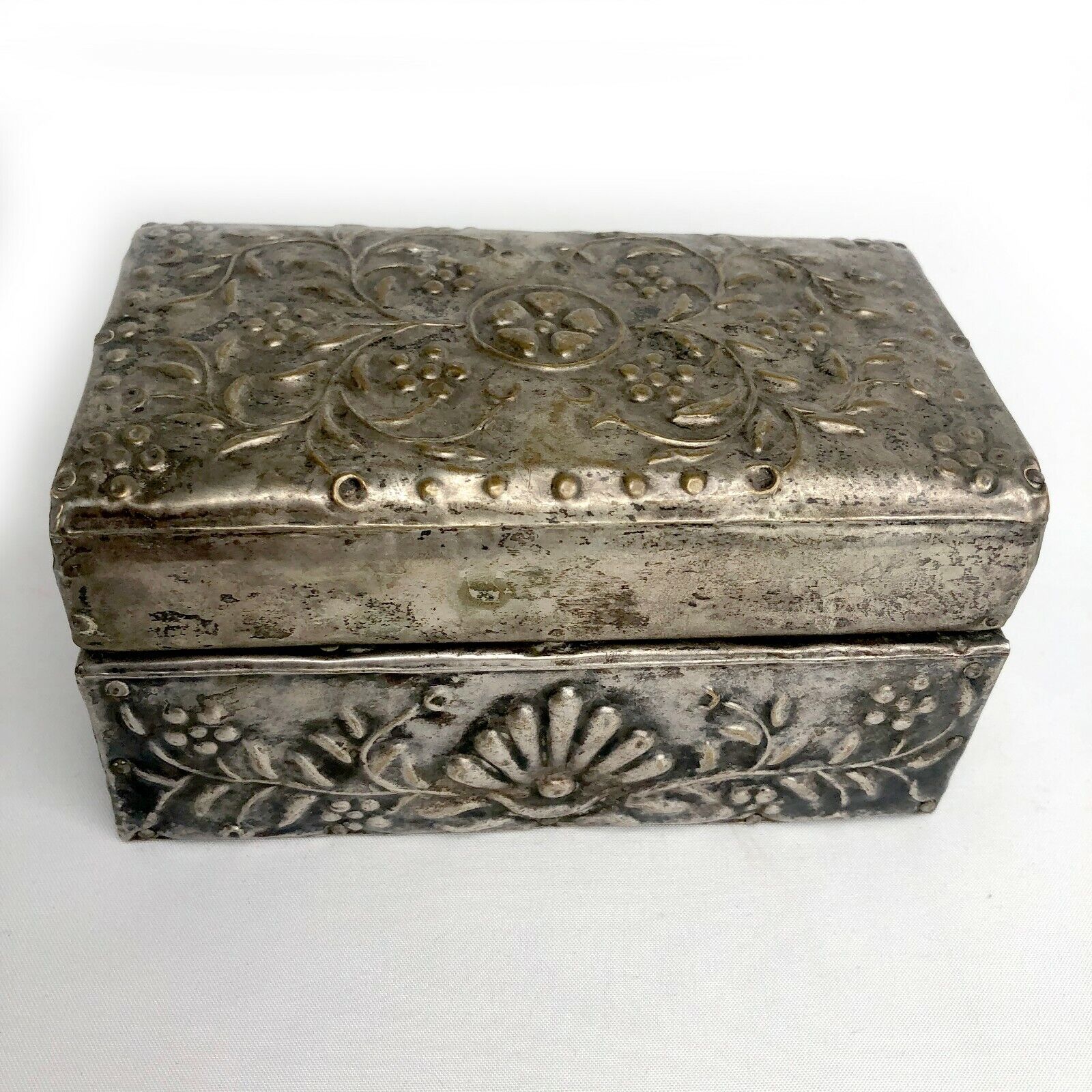 Vintage Hand Wrought Repousse Box Silver Crafted Wood Overlay Floral Design