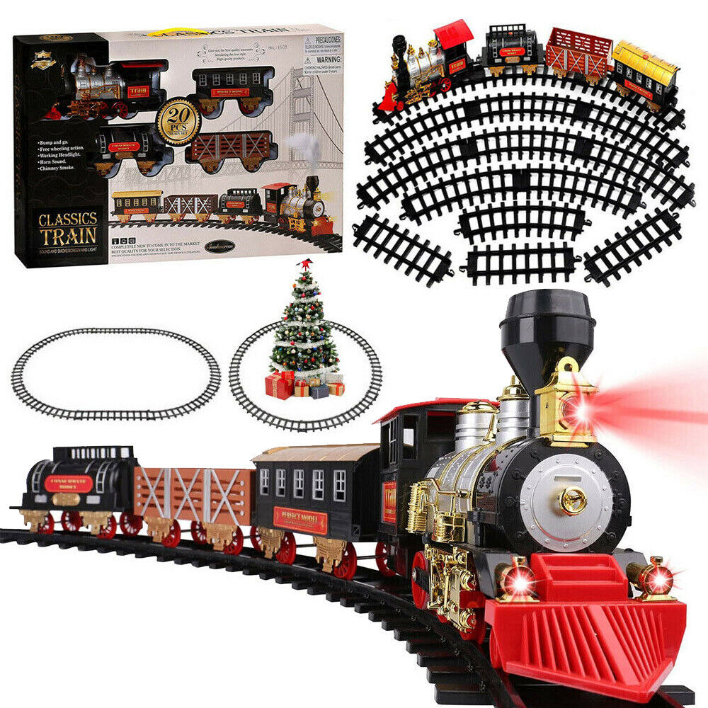 20 Pcs Large Classic Holiday Christmas Tree Train Set with Sounds Lights Smoke