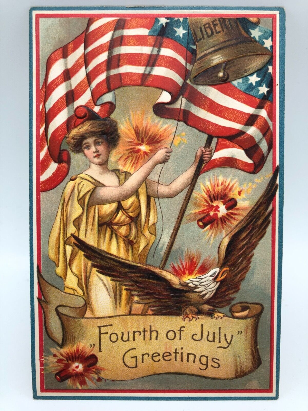 Antique Embossed JULY 4 Lady Liberty Fireworks Flag Patriotic Postcard-Germany