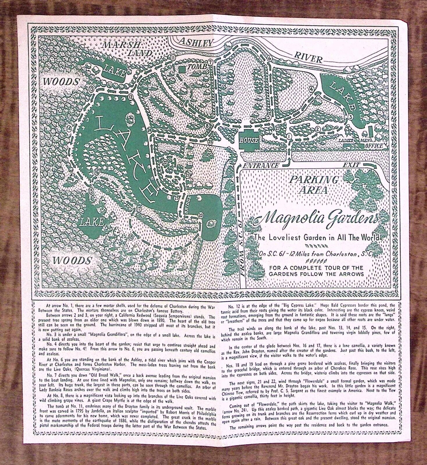 1940s CHARLESTON SC MAGNOLIA GARDENS VISITOR MAP AND HISTORICAL INFO Z3762
