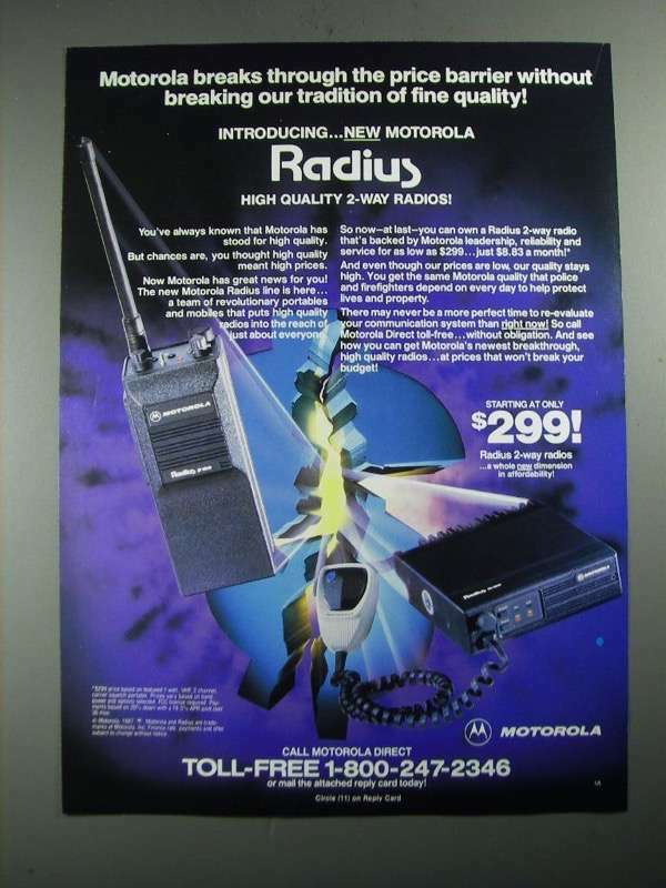 1987 Motorola Radius P100 and M100 2-Way Radios Ad - Price Barrier