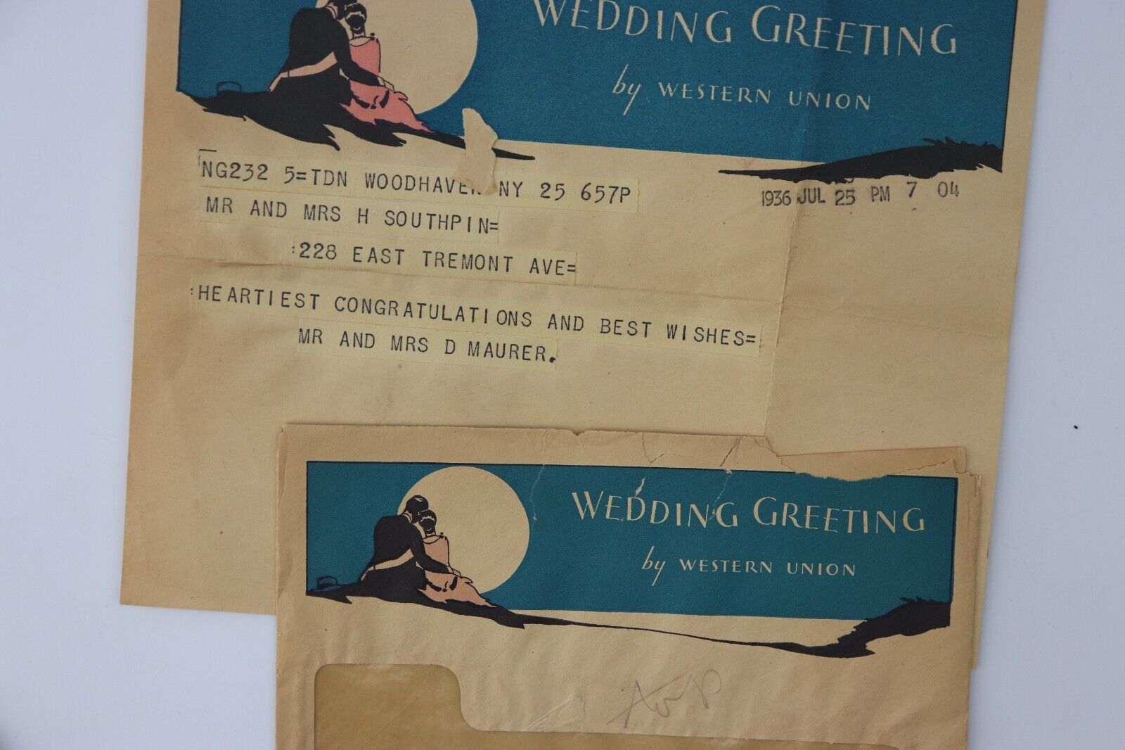 1936 WESTERN UNION PRINT W/COVER TELEGRAM CABLEGRAM WEDDING GREETING NEW YORK