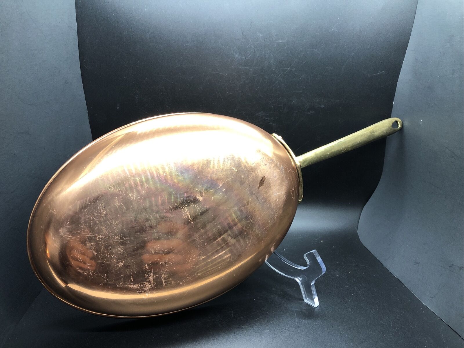 Vintage Copral Oval Copper Fish Sauté Pan Brass Handle Tin Lined 7.25” x 10.25”